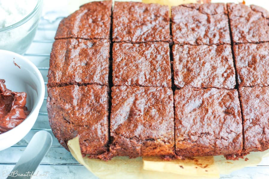 overhead look at keto tahini brownies cut into 12 pieces