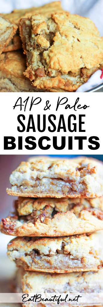 long pin of paleo aip sausage biscuits with banner in the middle