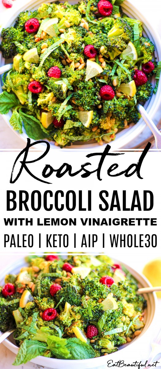pin with two images of roasted broccoli salad in white dish