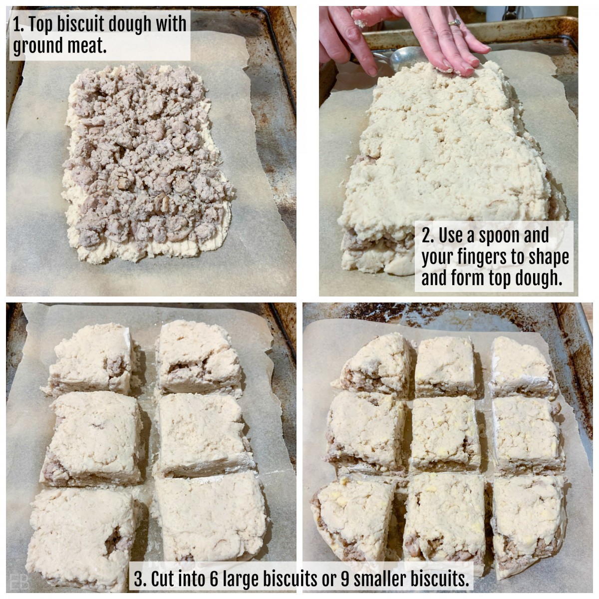 4 process photos of sausage biscuits