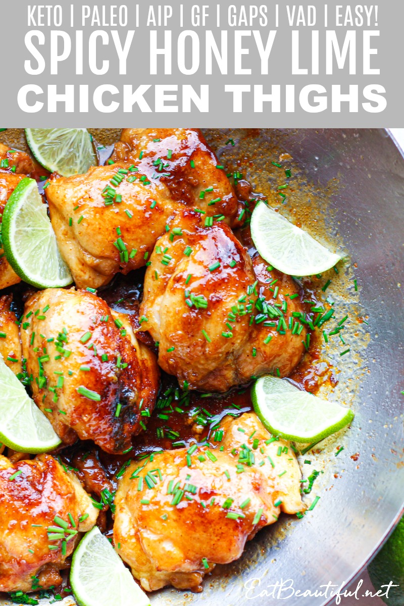 short pin of spicy honey lime chicken thighs with banner