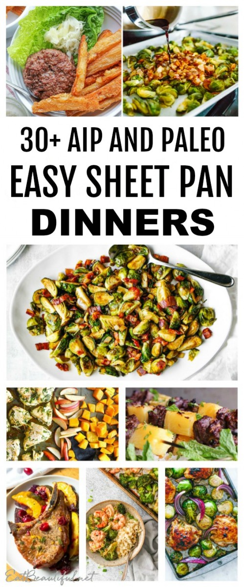 collage of aip and paleo sheet pan dinners with banner