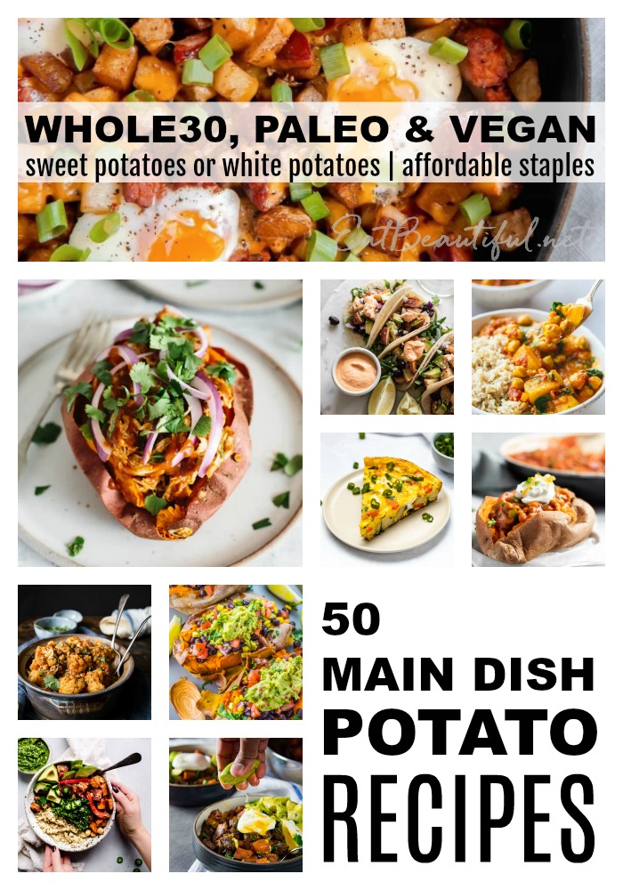 collage of 50 whole30 potato recipes with writing