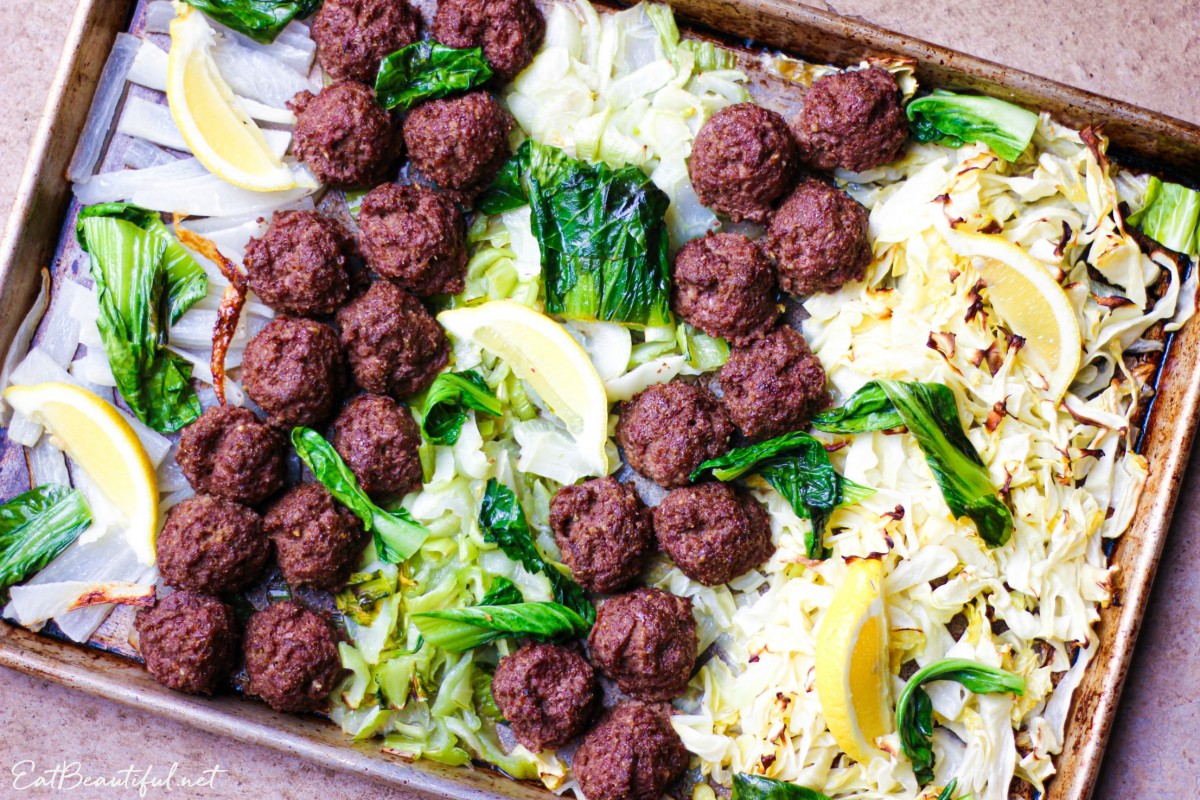 aip asian meatballs overhead view on the sheet pan