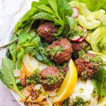 overhead view of aip paleo asian meatballs in white bowl