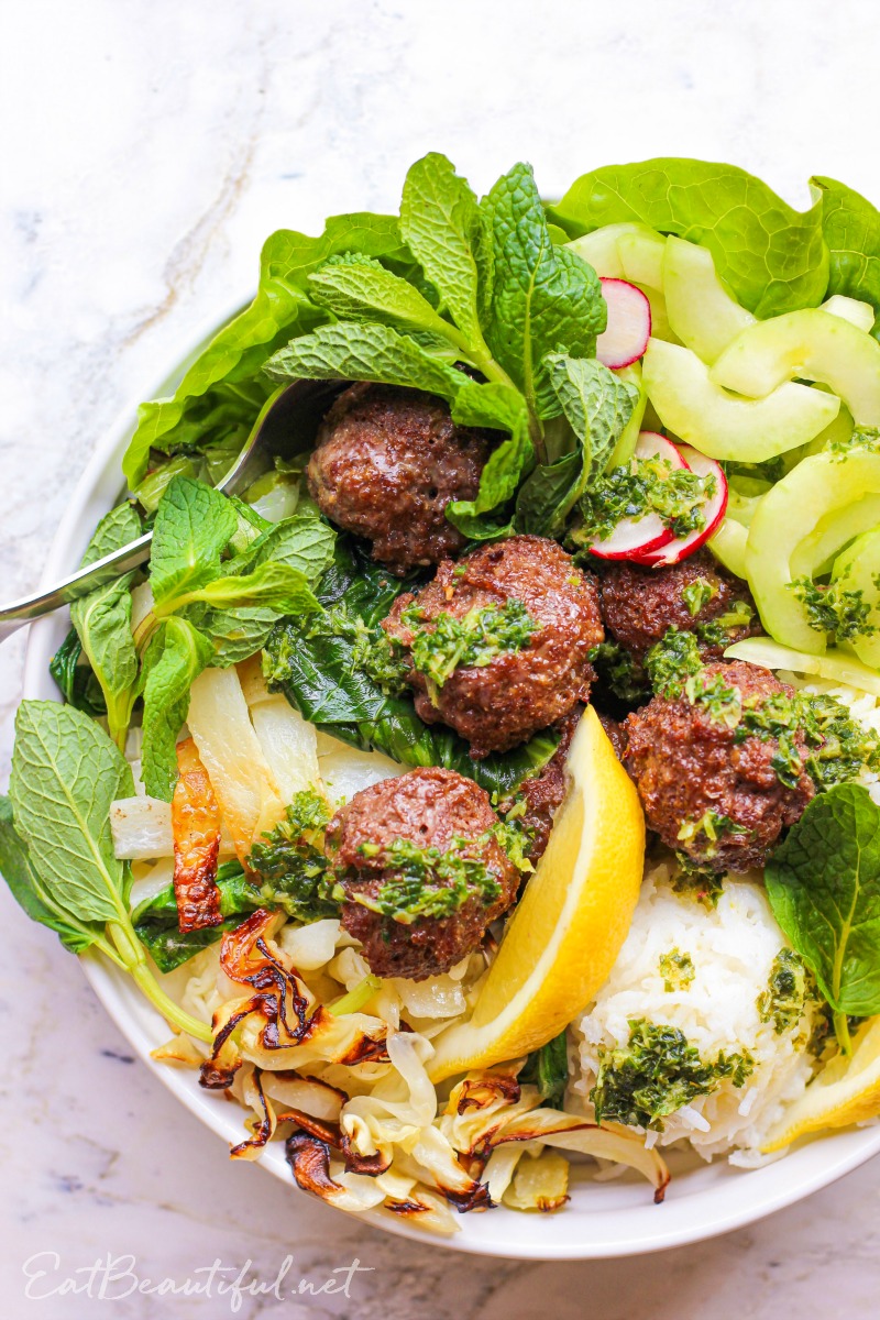 overhead view of asian meatballs sheet pan dinner