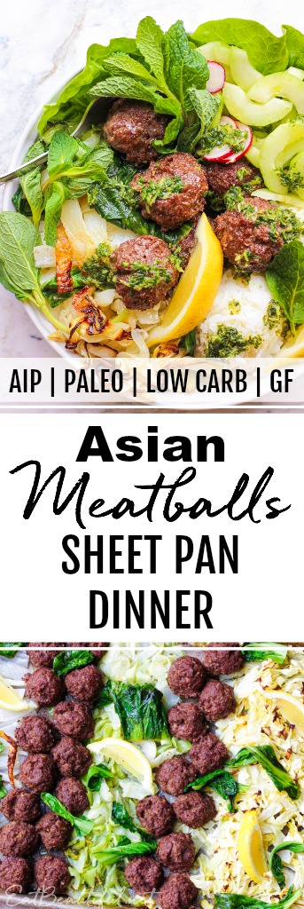 pin of asian meatballs sheet pan dinner with two photos