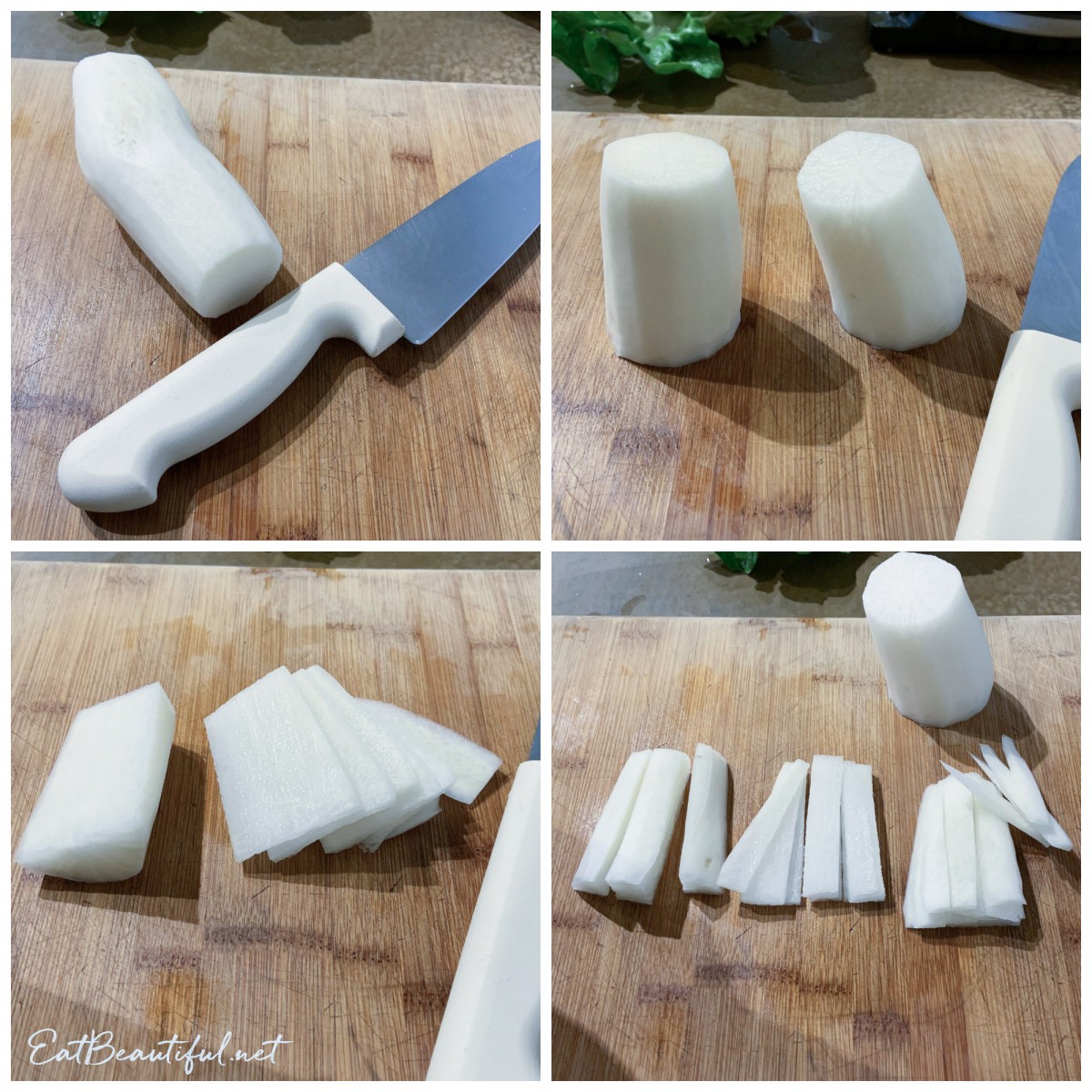 4 image collage of cutting daikon radish