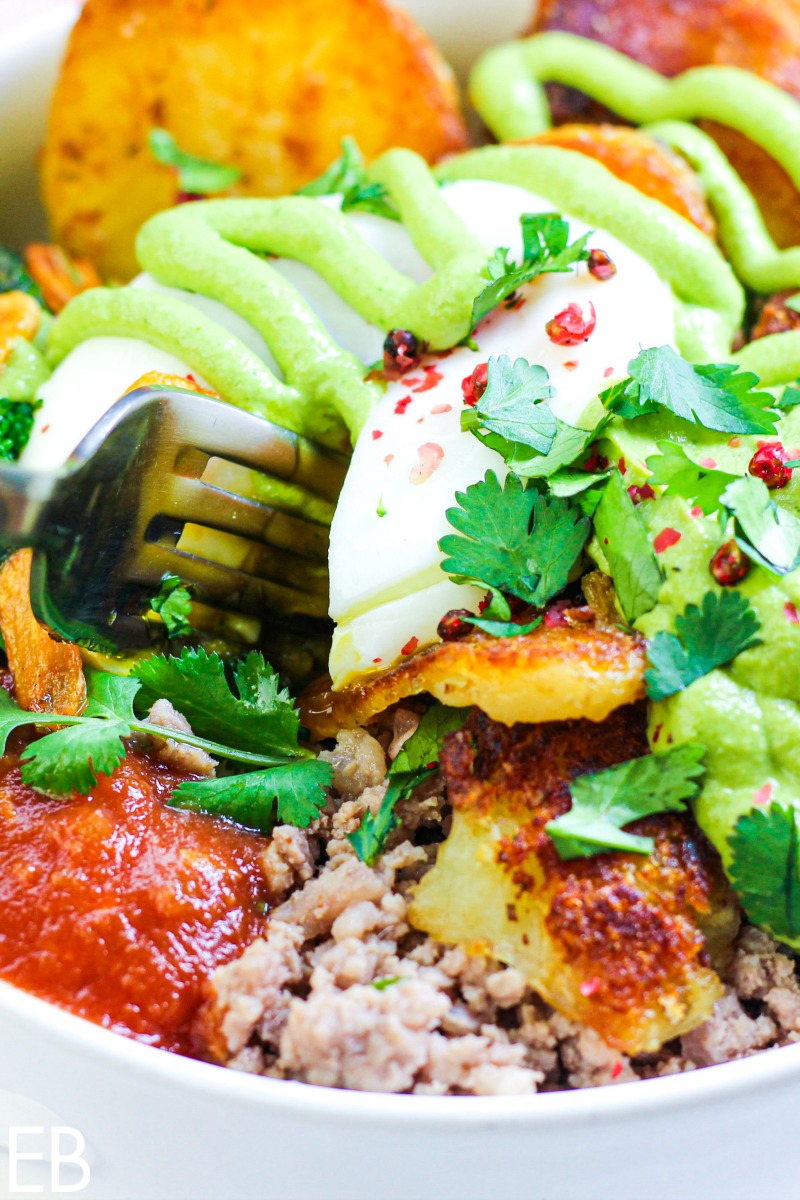 overhead view of mexican crispy potato bowl