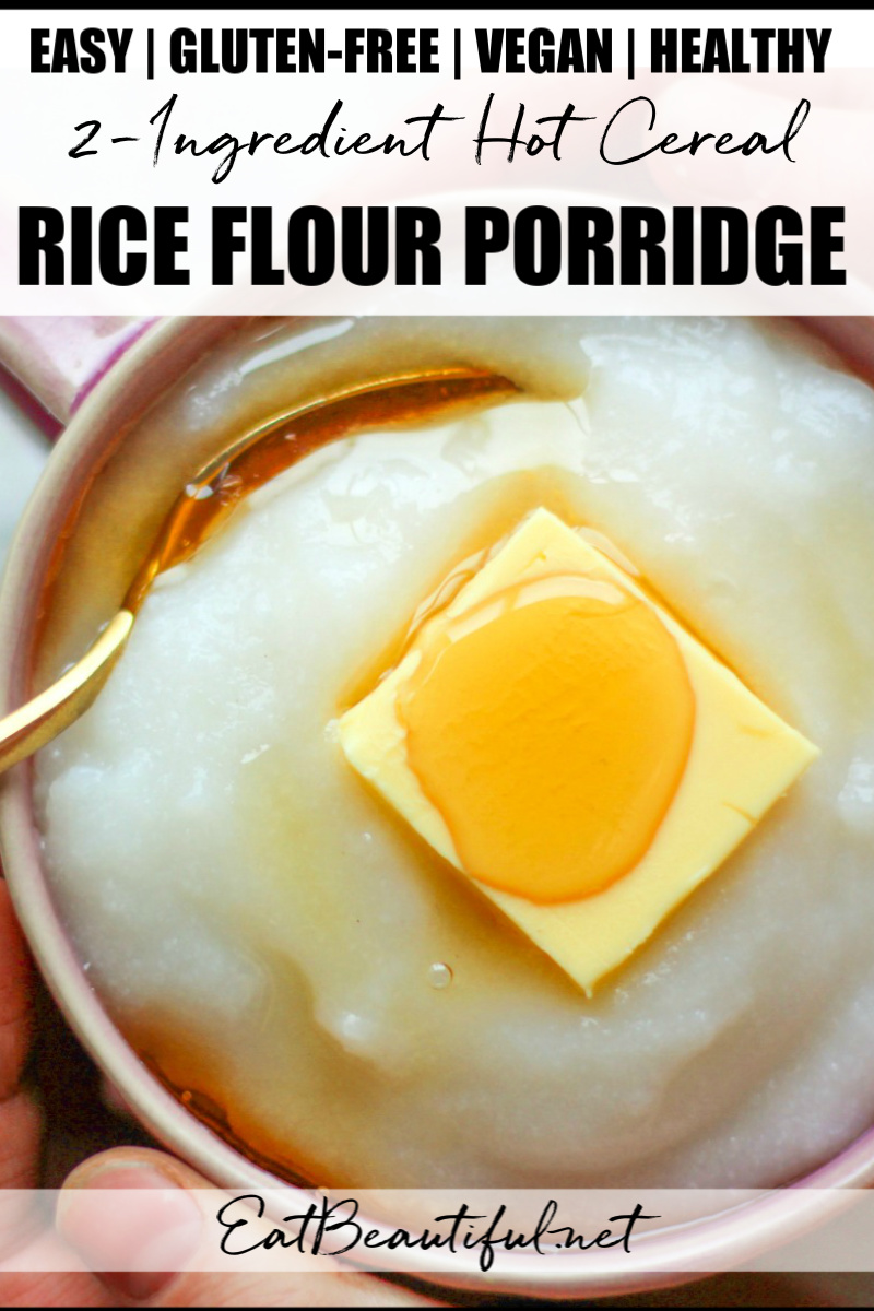 overhead view of rice flour porridge in pink mug with butter