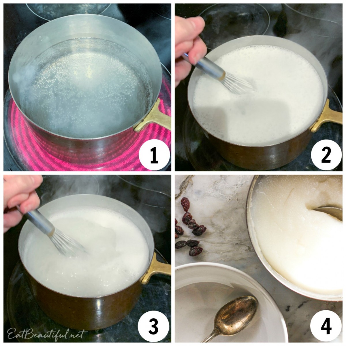 4 process images of making rice flour porridge