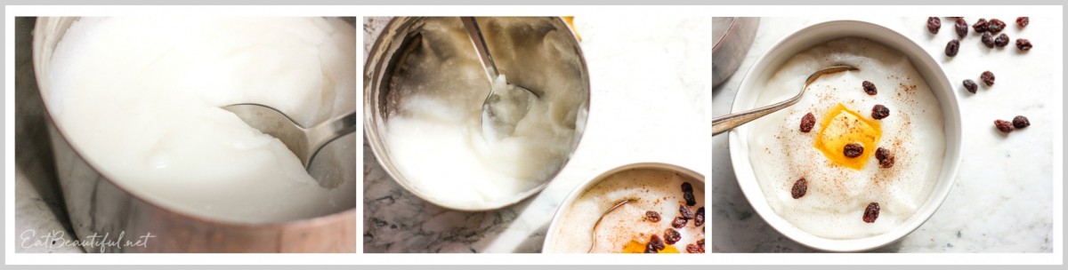 three photos of serving rice flour porridge
