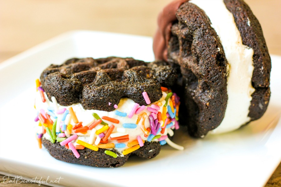 two chocolate chaffle ice cream sandwiches