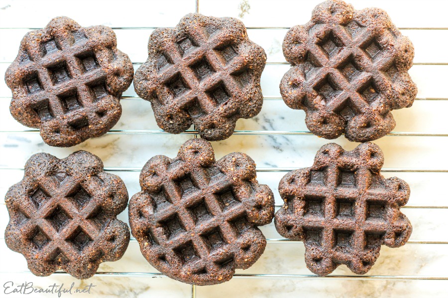 overhead view of chocolate chaffles on a cooling rack