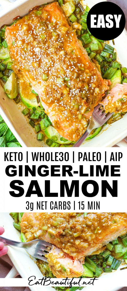 overhead view of ginger-lime salmon in baking dish with pin banner