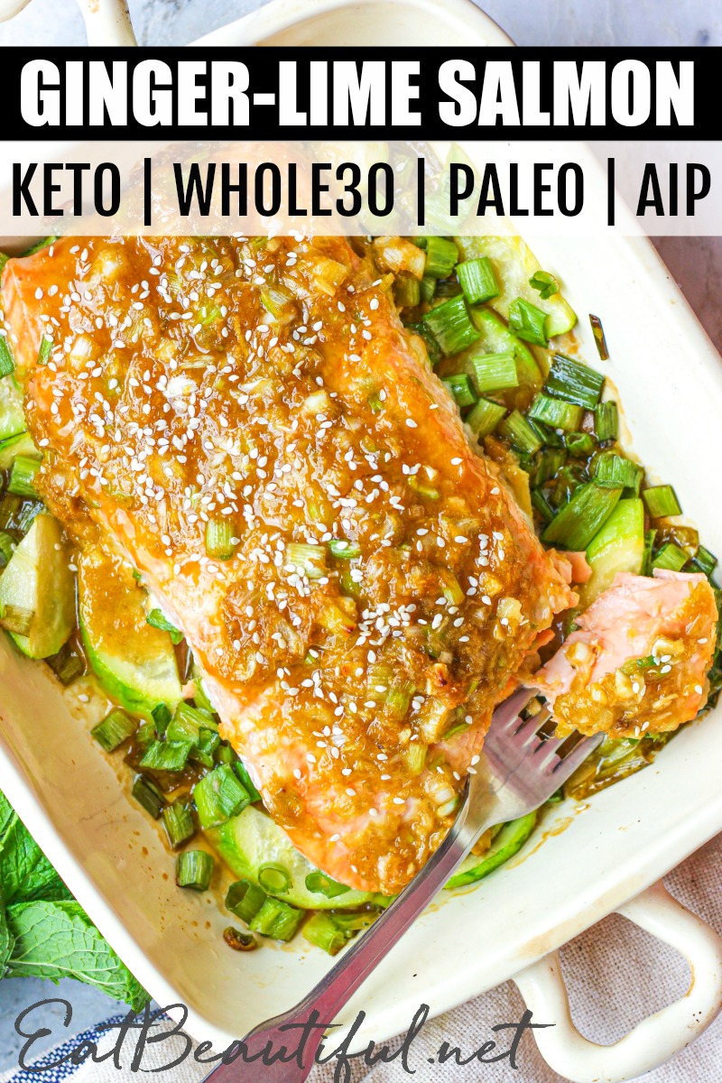 overhead view of ginger-lime salmon in baking dish