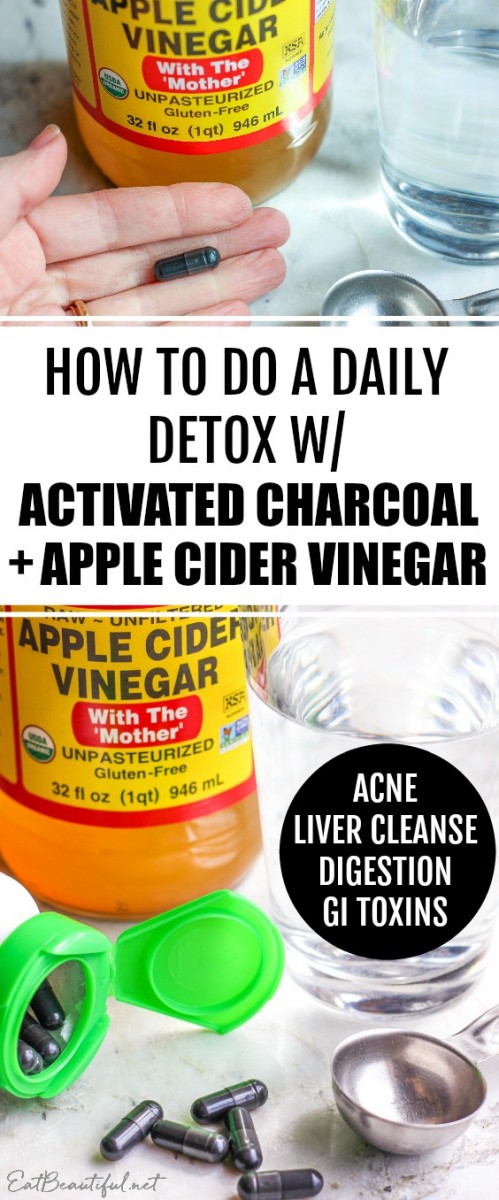 two images and banner or acv and activated charcoal bottles