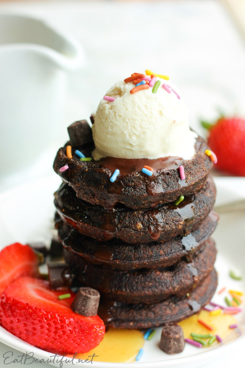 a stack of chocolate chaffles with ice cream on top