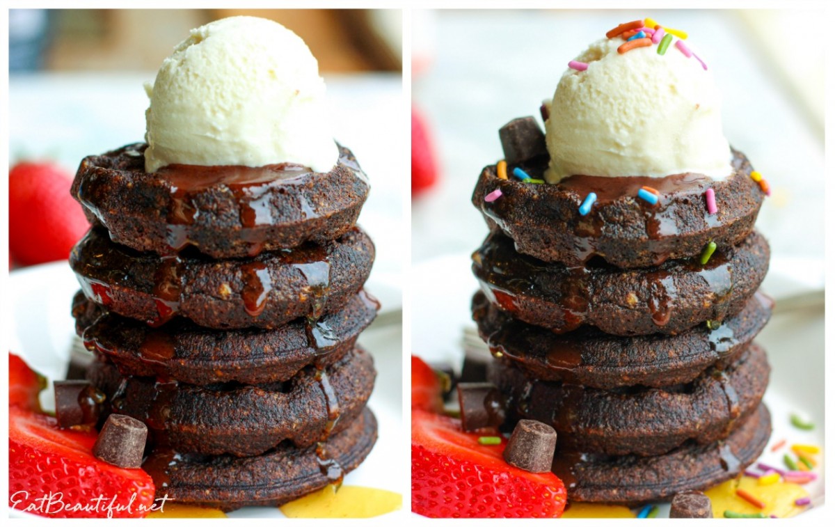 two images of chocolate chaffles with ice cream on top