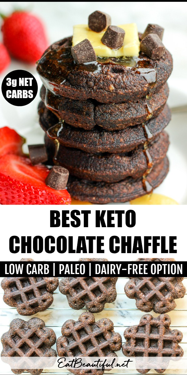 two images of stacked best keto chocolate chaffle and overhead view of cooling chaffles