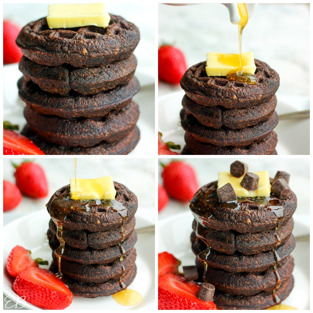 4 images of chocolate chaffles with butter and syrup