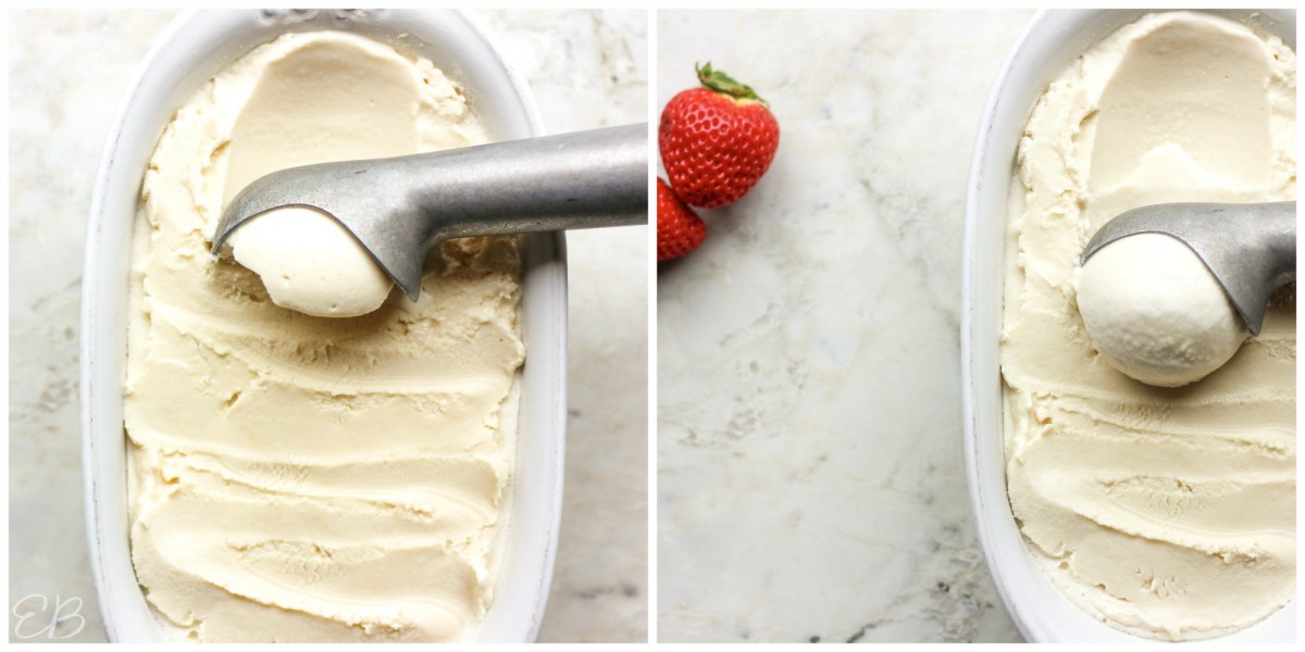 overhead view of two stages of scooping paleo vanilla ice cream