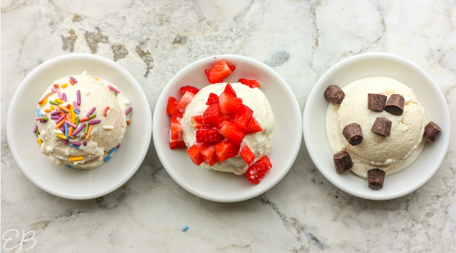 overhead view of 3 scoops of paleo vanilla ice cream with different toppings