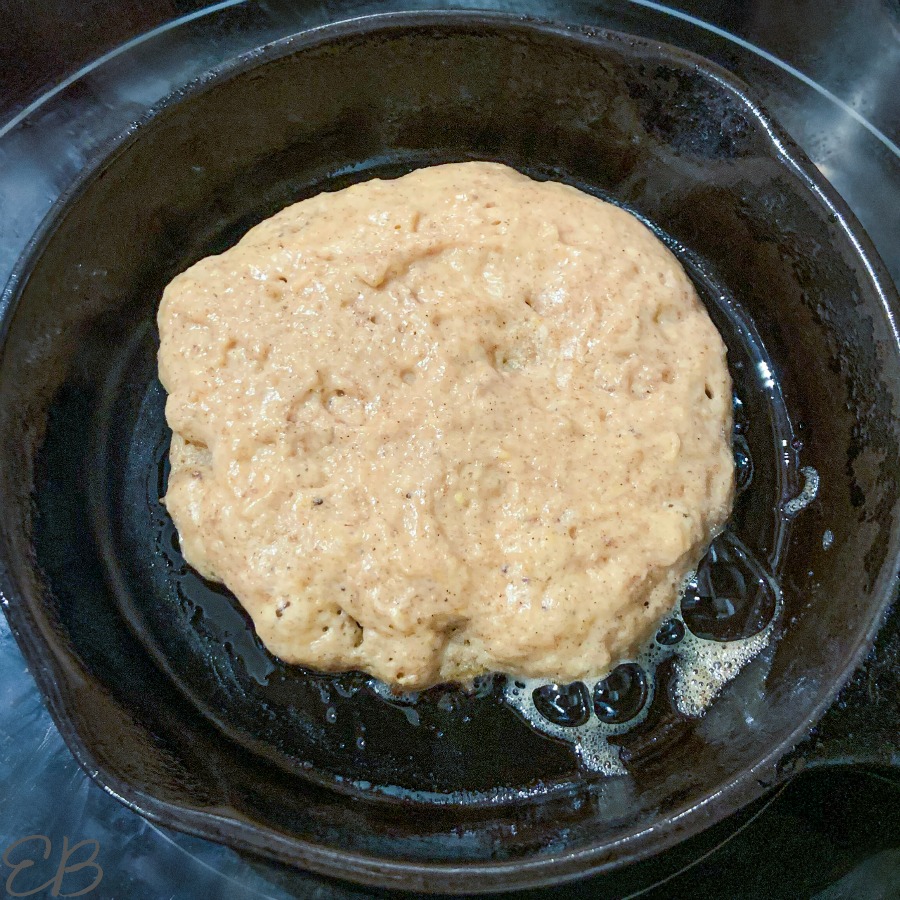 overhead view of plantain pancake cooking