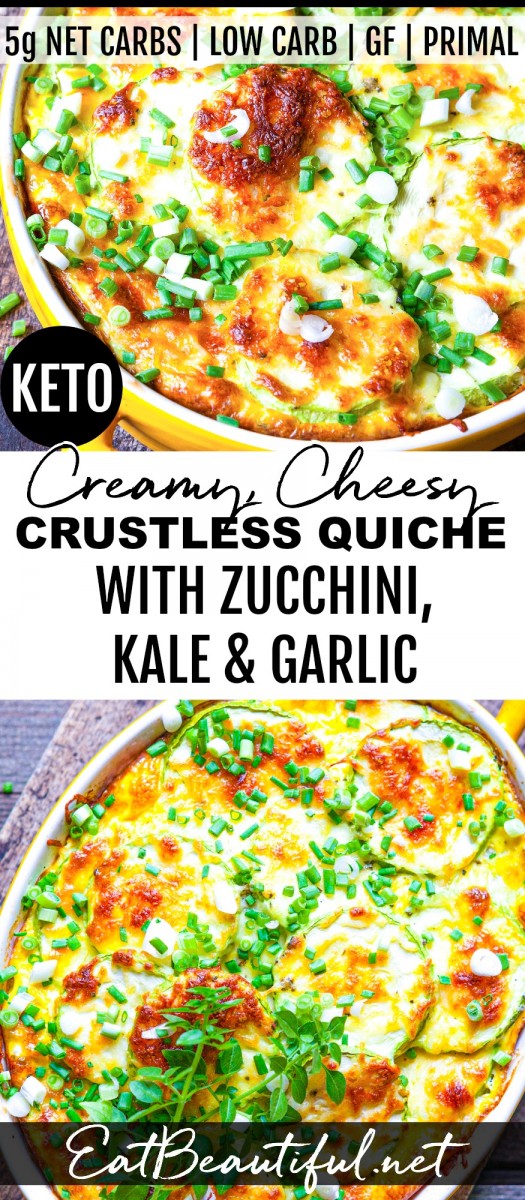 two images of keto quiche with banner in the middle