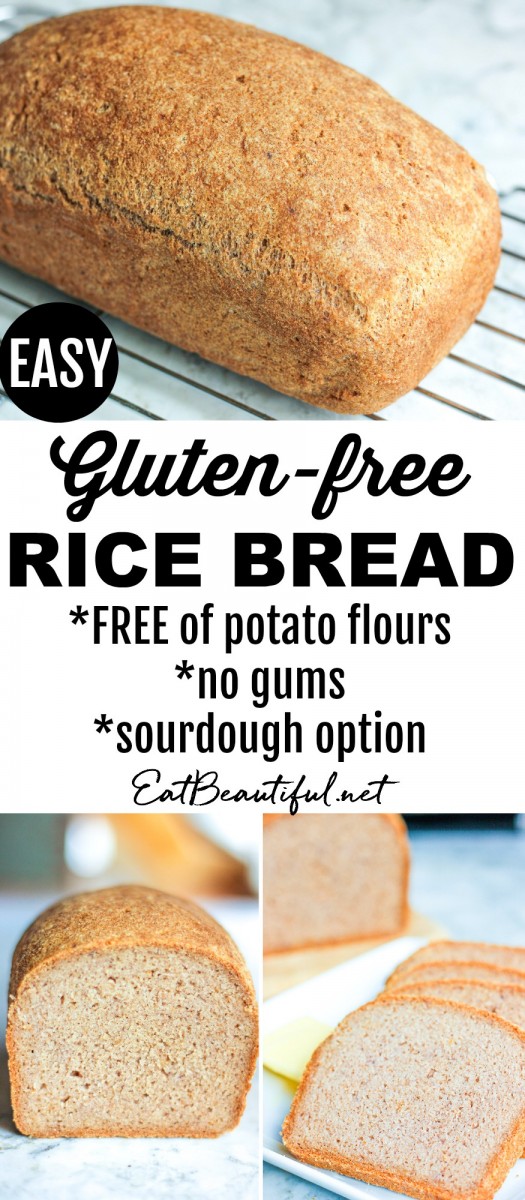 3 images of gluten-free rice bread divided by a banner with words