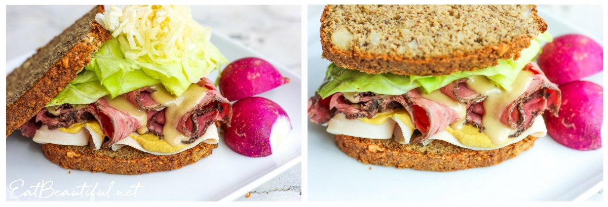 two images of keto sourdough bread sandwiches