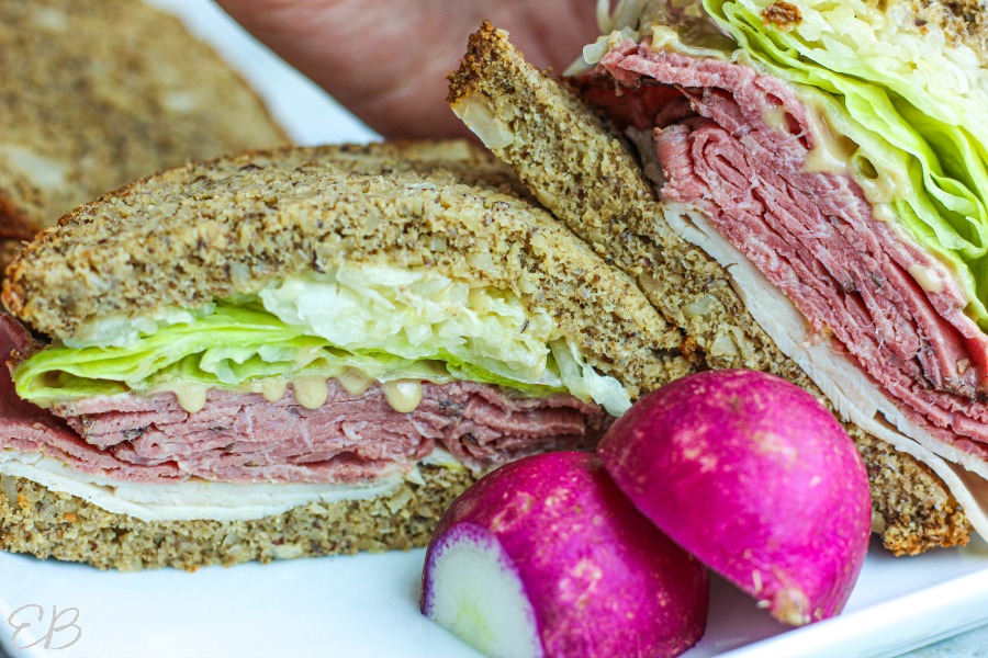 two sandwich halves side by side with keto sourdough