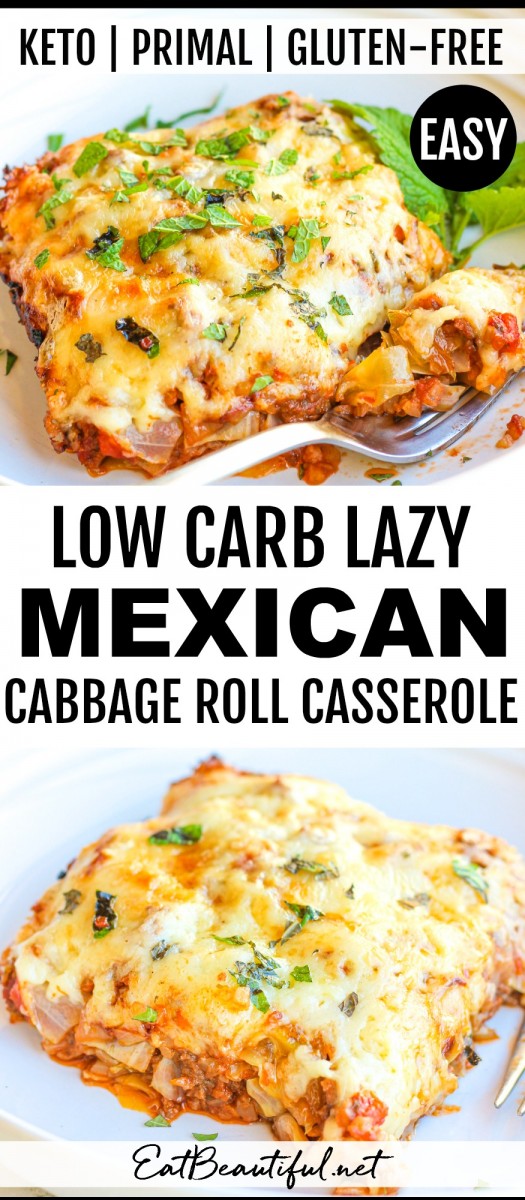 2 images of Easy Low Carb Mexican Lazy Cabbage Roll Casserole with banner