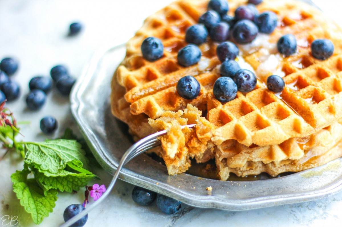 side angle view of waffles being eaten with fork