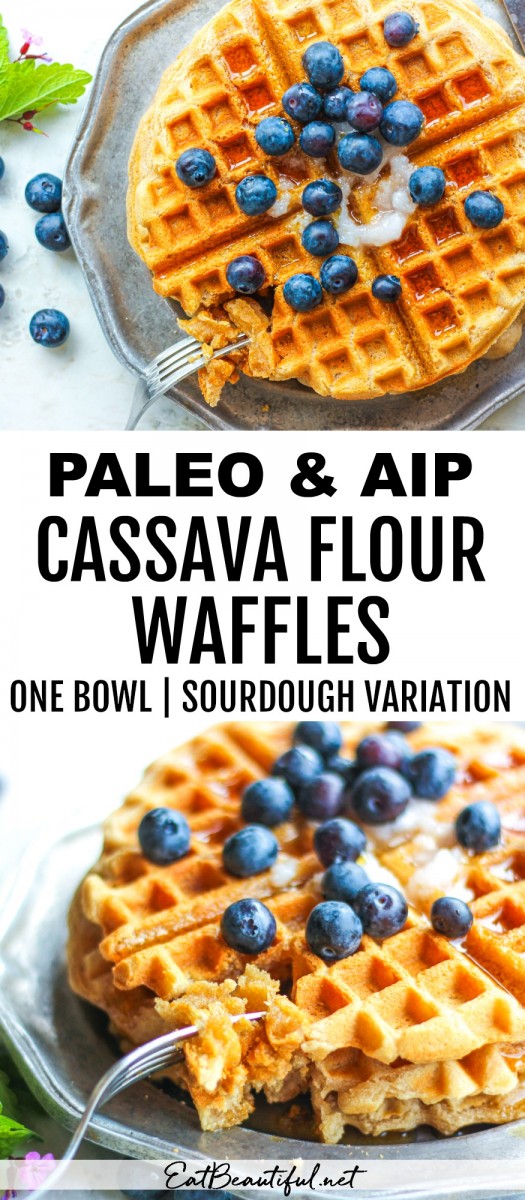 two images of paleo aip cassava waffles with banner and words