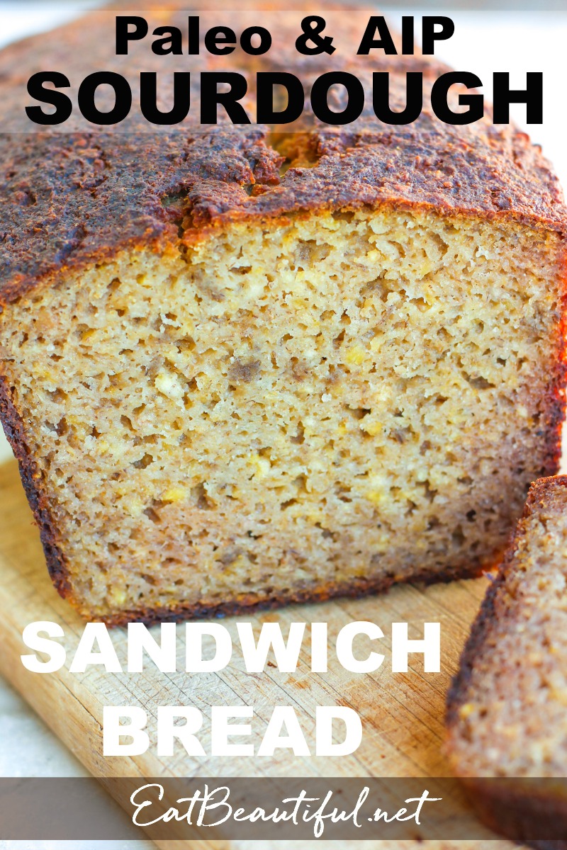 cross-section photo of aip sourdough bread with title