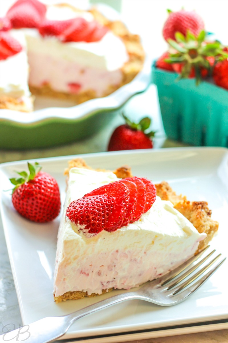 one slice of keto strawberry cream pie on a white plate