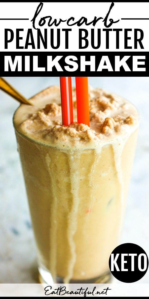 close up view of low carb peanut butter milkshake with orange straws in tall glass