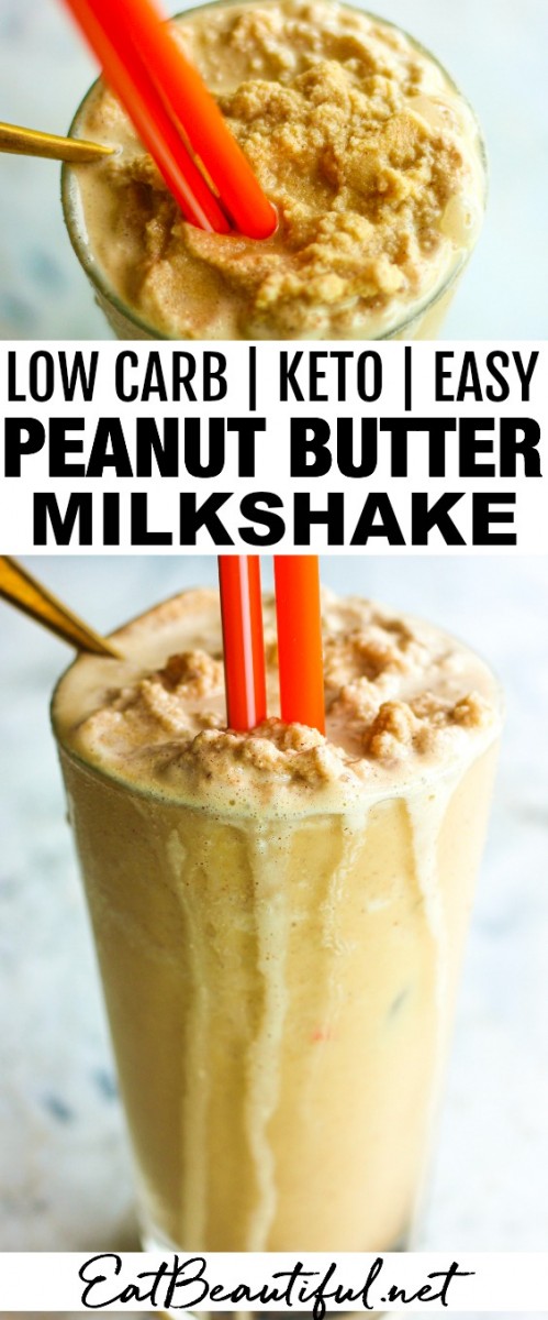 two images of low carb peanut butter shake with banner