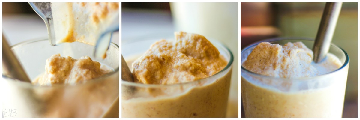 pouring peanut butter milkshake from blender into glass, 3 process photos