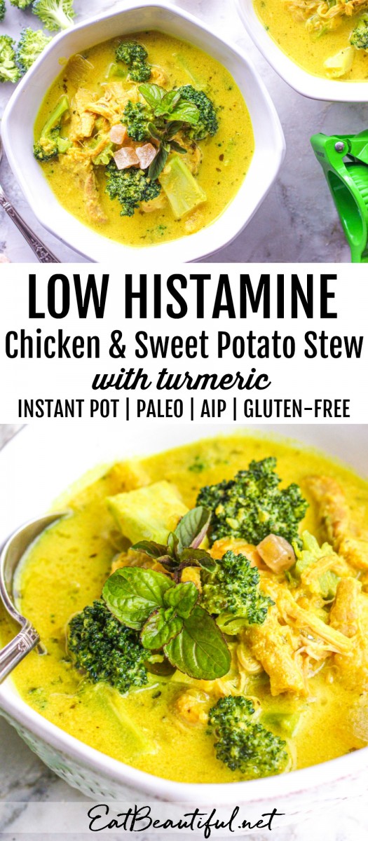 two images of low histamine instant pot chicken and sweet potato stew with banner in the middle