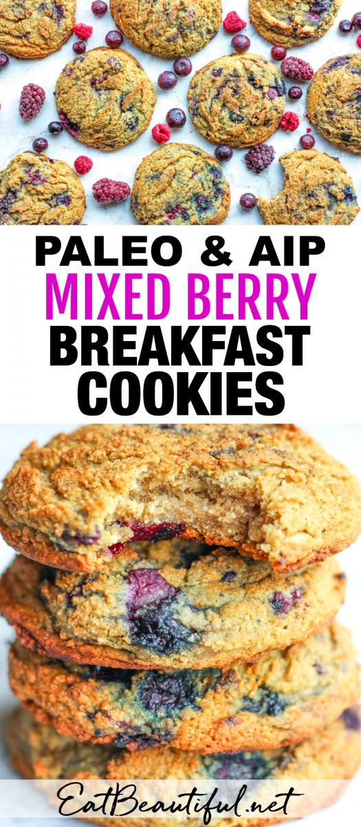 two images of mixed berry cookies and banner in the middle