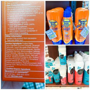 a collage of 3 kinds of sunscreen at the store