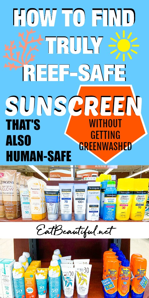 how to find truly reef-safe sunscreen banner with photo of sunscreen options