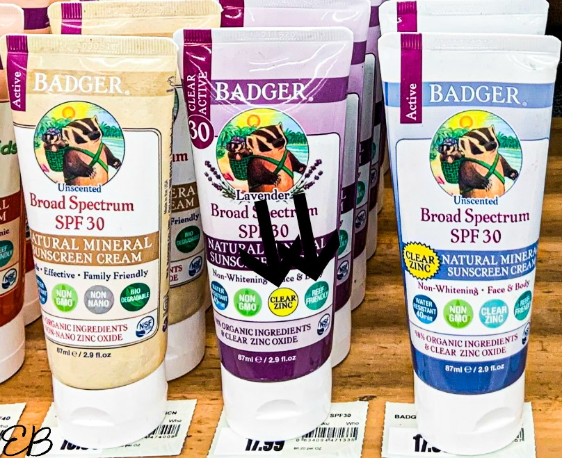 badger sunscreen bottles with reef-safe and zinc oxide highlighted