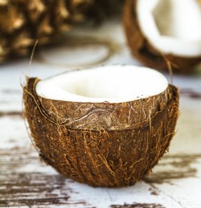 close-up view of a cracked open coconut
