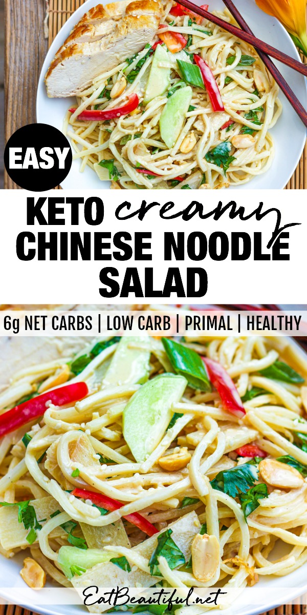 two images of keto noodle salad with banner in the middle