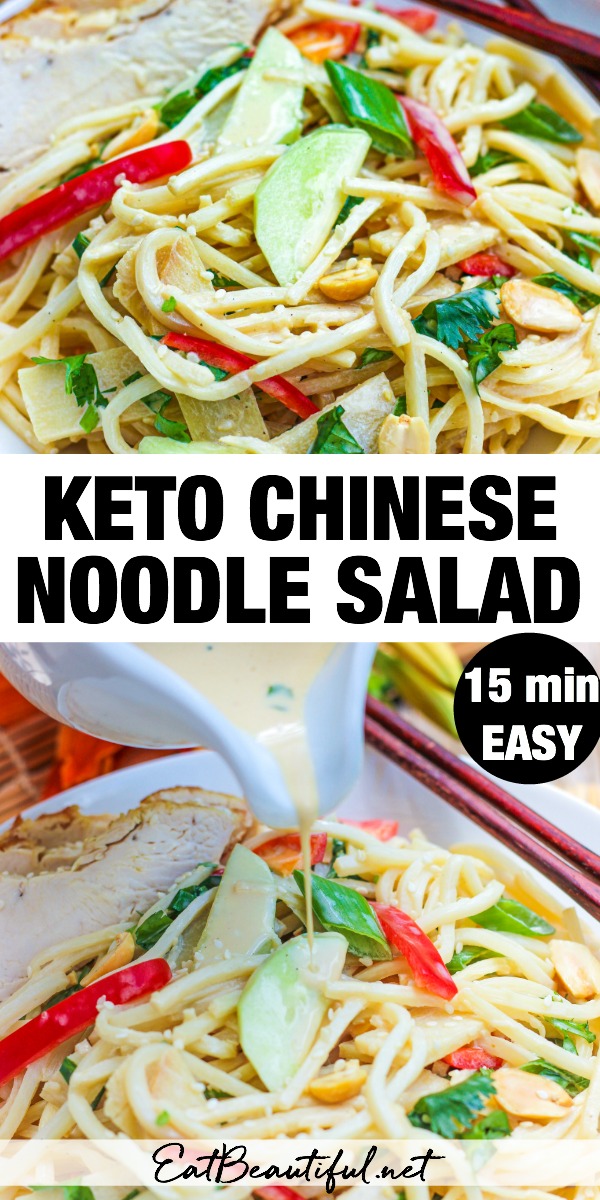 two images of keto noodle salad with banner in the middle