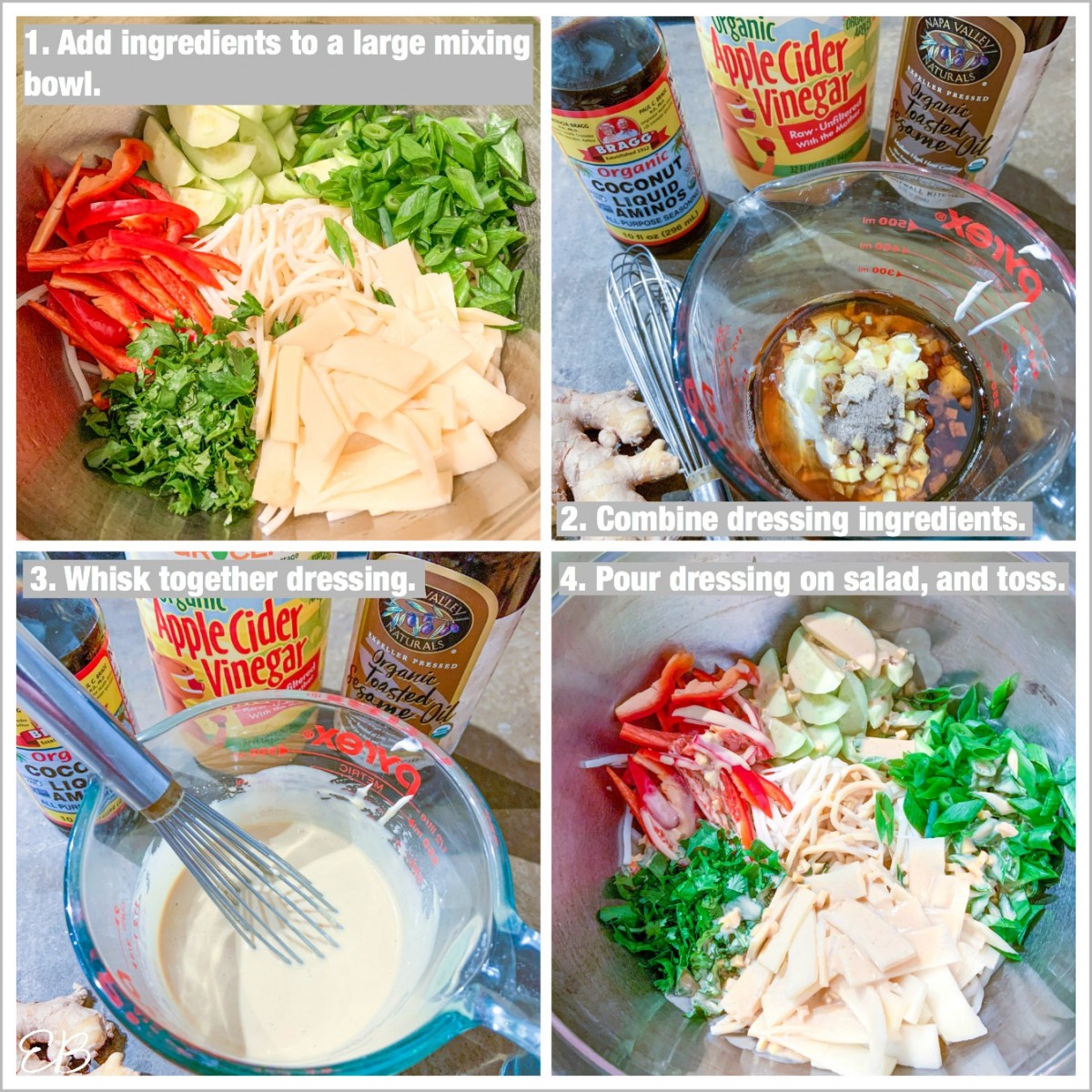 4 process photos of making keto noodle salad