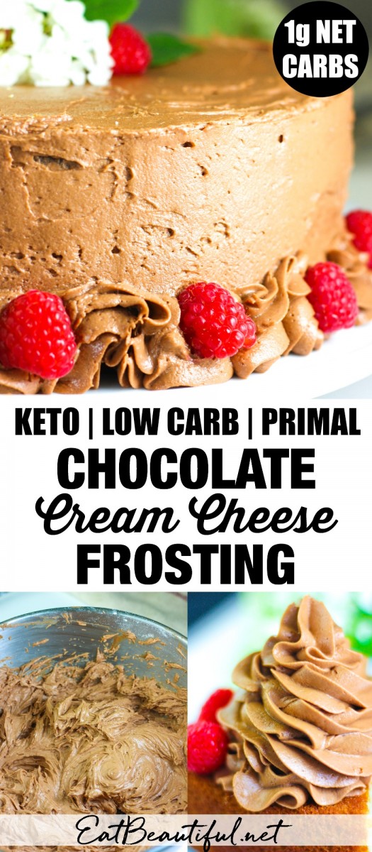 three images of chocolate cream cheese frosting with banner